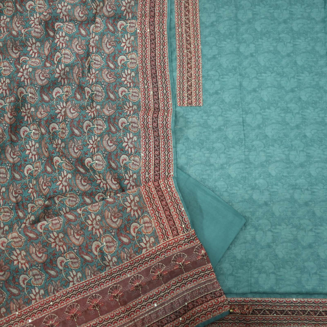 Sargoshi Aqua Blue Digital Printed Chanderi Top with Kantha Work Chanderi Dupatta Set