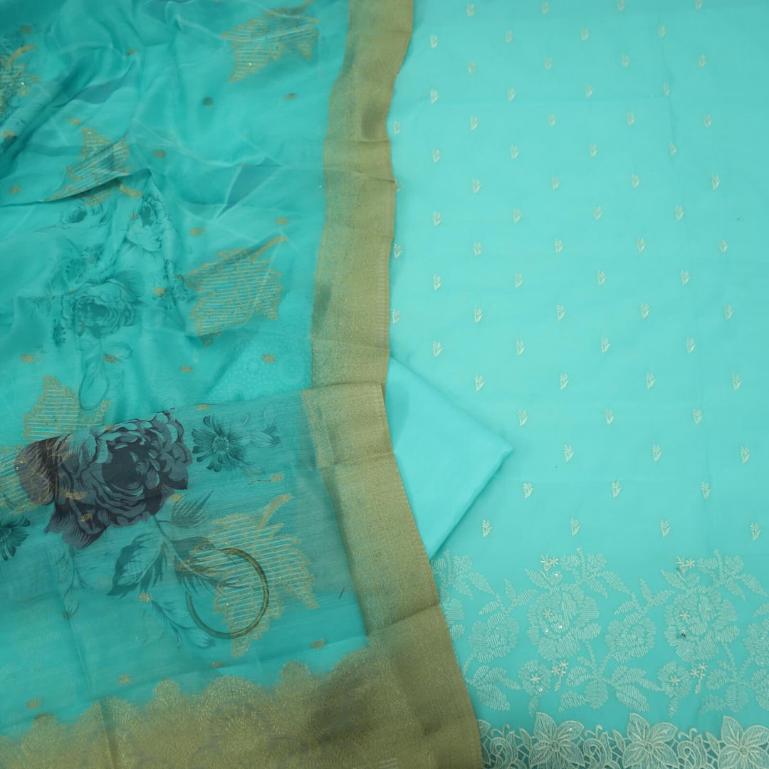 Nigahen Arctic Blue Thread Work Chanderi Top with Floral Print Chanderi Dupatta Set