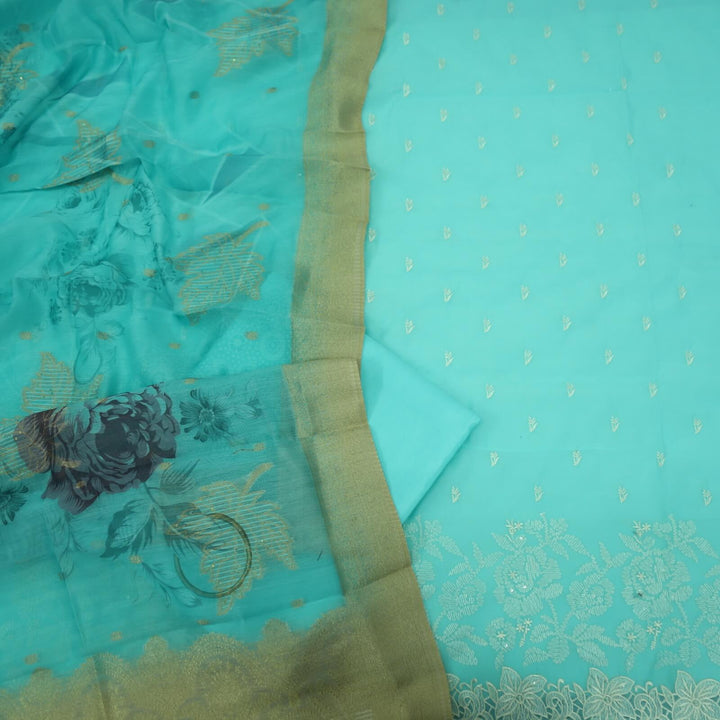 Nigahen Arctic Blue Thread Work Chanderi Top with Floral Print Chanderi Dupatta Set