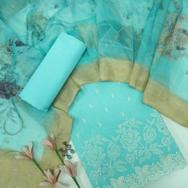 Nigahen Arctic Blue Thread Work Chanderi Top with Floral Print Chanderi Dupatta Set