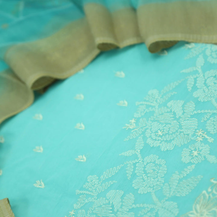 Nigahen Arctic Blue Thread Work Chanderi Top with Floral Print Chanderi Dupatta Set