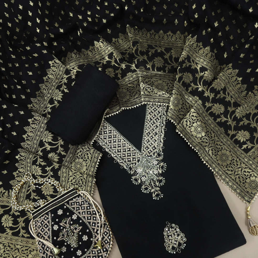 Bandegi Charcoal Black Designer V Neck Chanderi Top and Banarasi Dupatta Set With Potli Bag