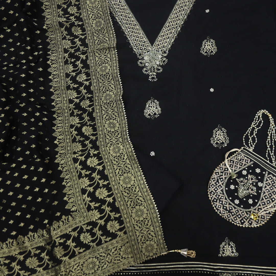 Bandegi Charcoal Black Designer V Neck Chanderi Top and Banarasi Dupatta Set With Potli Bag