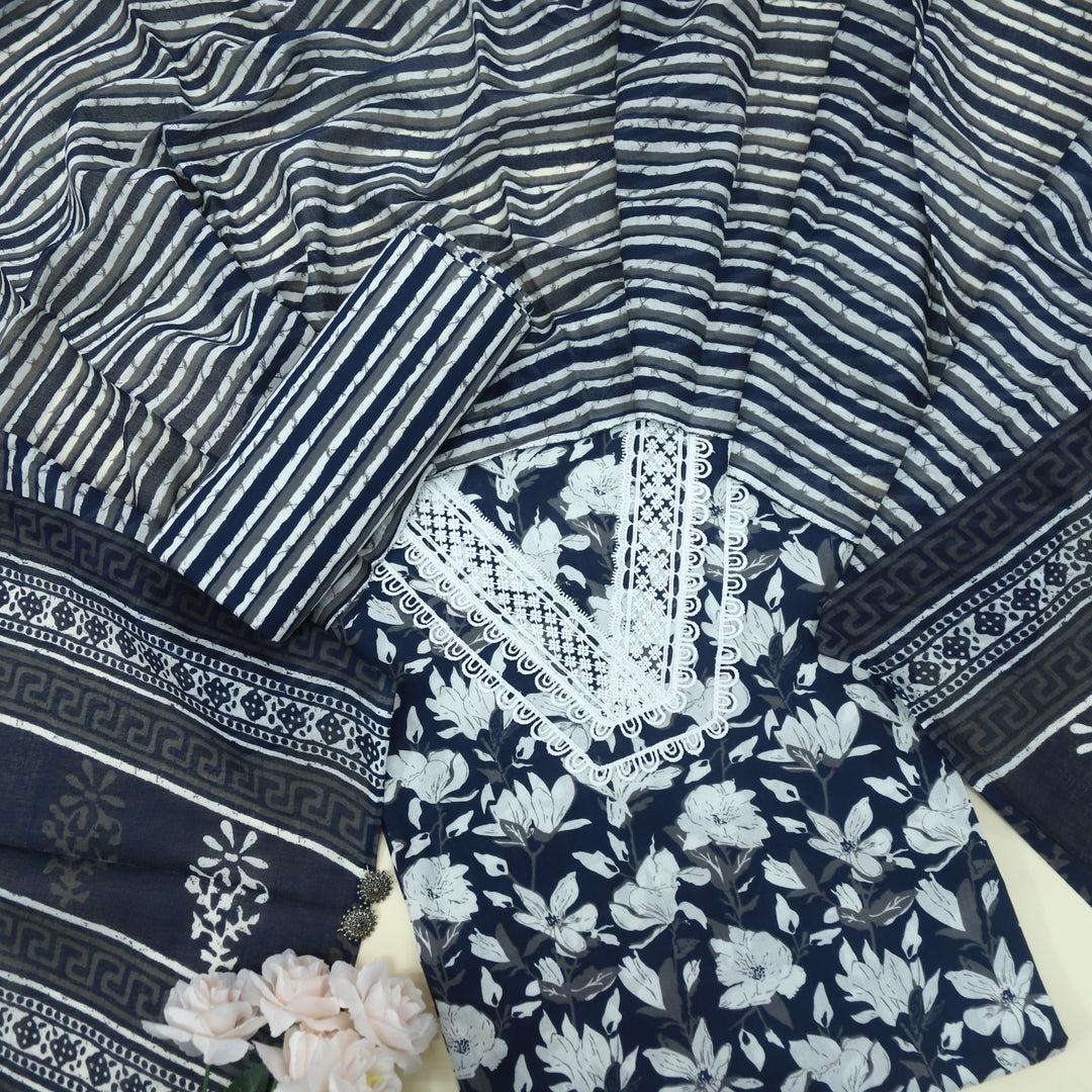 Paakija Navy Blue floral Cotton Top with Dupatta