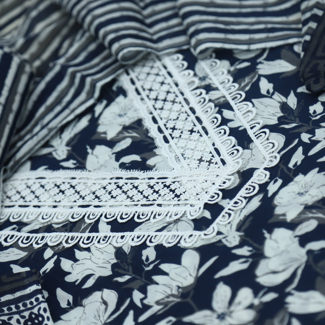 Paakija Navy Blue floral Cotton Top with Dupatta