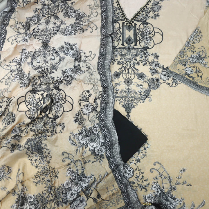 Bandegi Beige with Black Printed V Neck Muslin Top with Printed Muslin Dupatta Set
