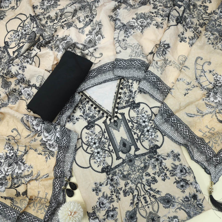 Bandegi Beige with Black Printed V Neck Muslin Top with Printed Muslin Dupatta Set