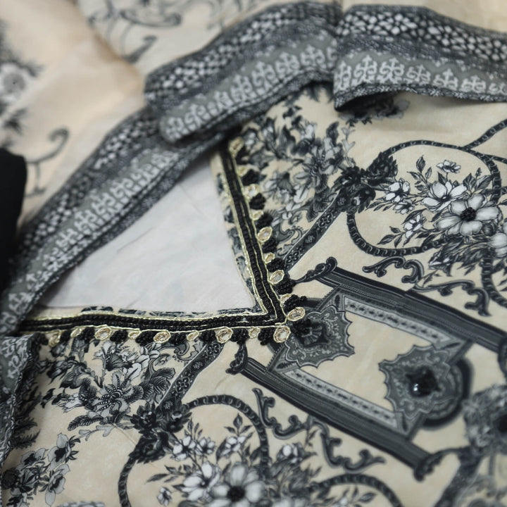 Bandegi Beige with Black Printed V Neck Muslin Top with Printed Muslin Dupatta Set