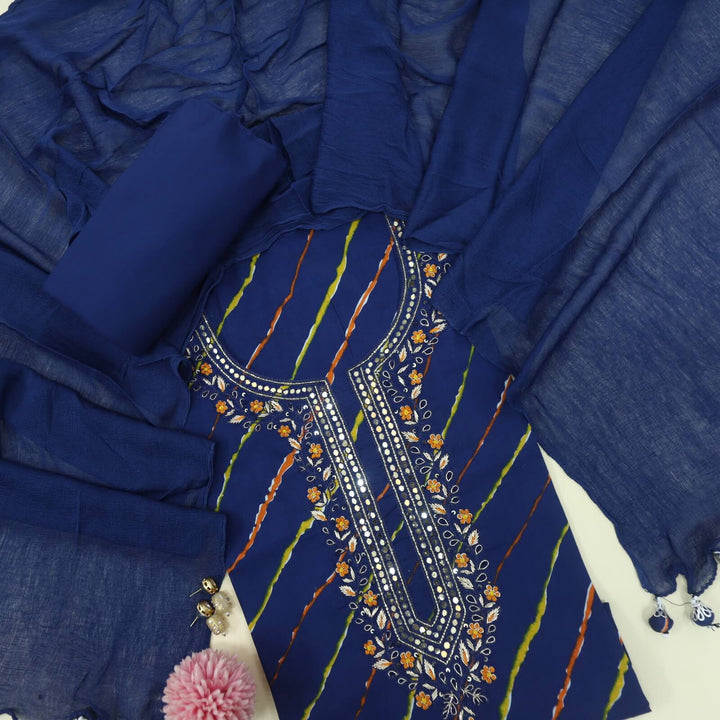 Leher Royal Blue Embellished Neck Work Leheriya Cotton Top With Chiffon Dupatta Set