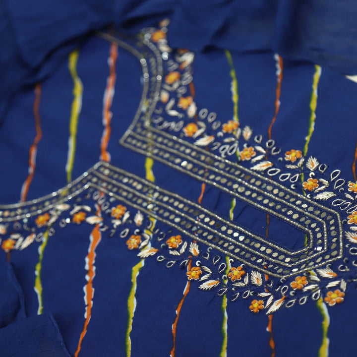 Leher Royal Blue Embellished Neck Work Leheriya Cotton Top With Chiffon Dupatta Set