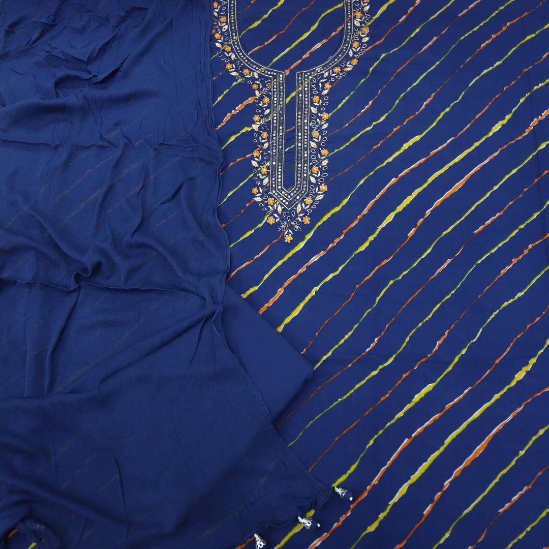 Leher Royal Blue Embellished Neck Work Leheriya Cotton Top With Chiffon Dupatta Set