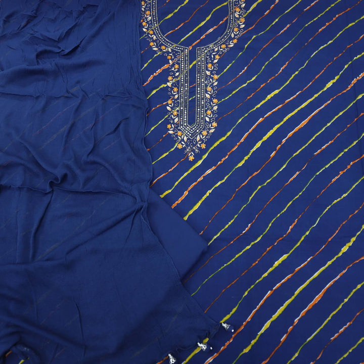 Leher Royal Blue Embellished Neck Work Leheriya Cotton Top With Chiffon Dupatta Set