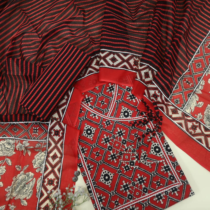 Bandegi Red with Black Printed Angrakha Cotton Top with Printed Cotton Dupatta Set