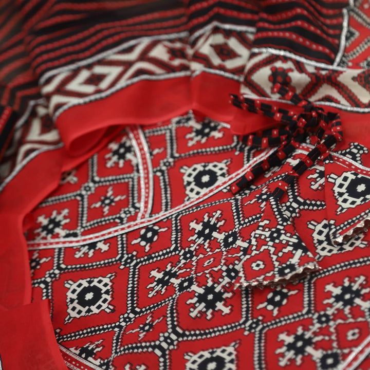 Bandegi Red with Black Printed Angrakha Cotton Top with Printed Cotton Dupatta Set