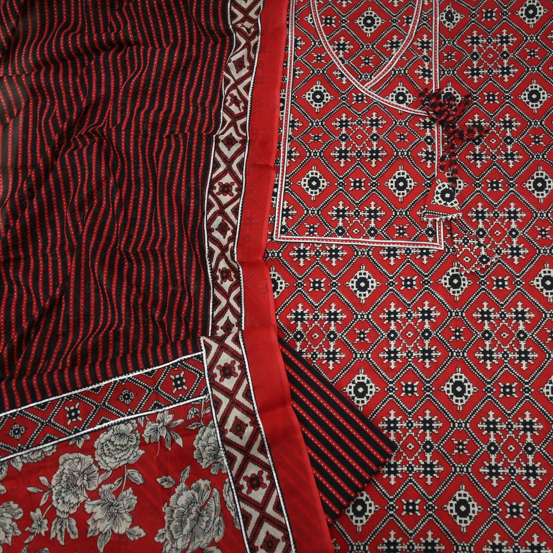Bandegi Red with Black Printed Angrakha Cotton Top with Printed Cotton Dupatta Set