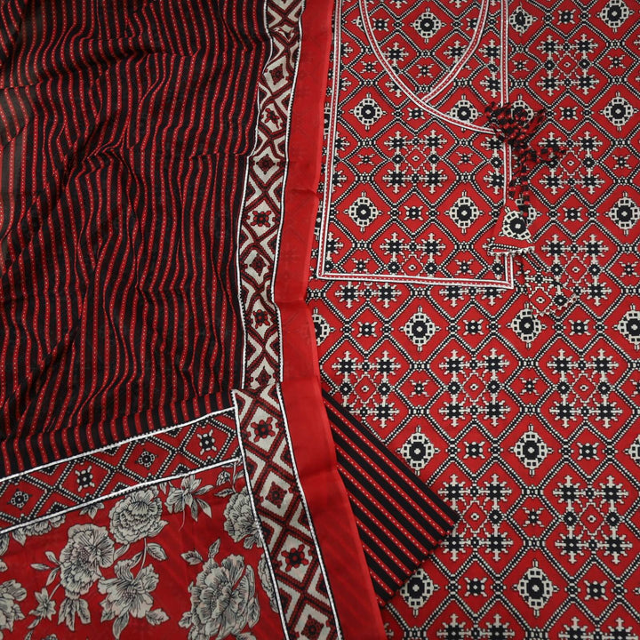 Bandegi Red with Black Printed Angrakha Cotton Top with Printed Cotton Dupatta Set