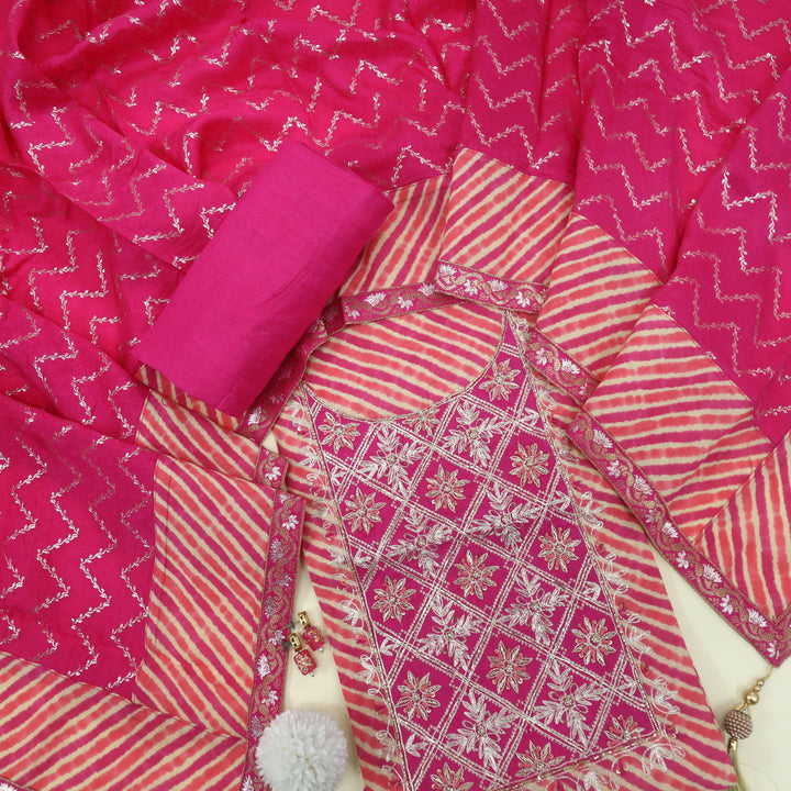 Leher Hot Pink Leheriya Embellished Neck Work Modal Top With Modal Silk Dupatta Set