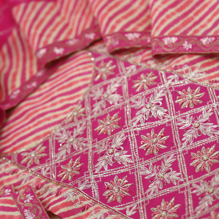 Leher Hot Pink Leheriya Embellished Neck Work Modal Top With Modal Silk Dupatta Set