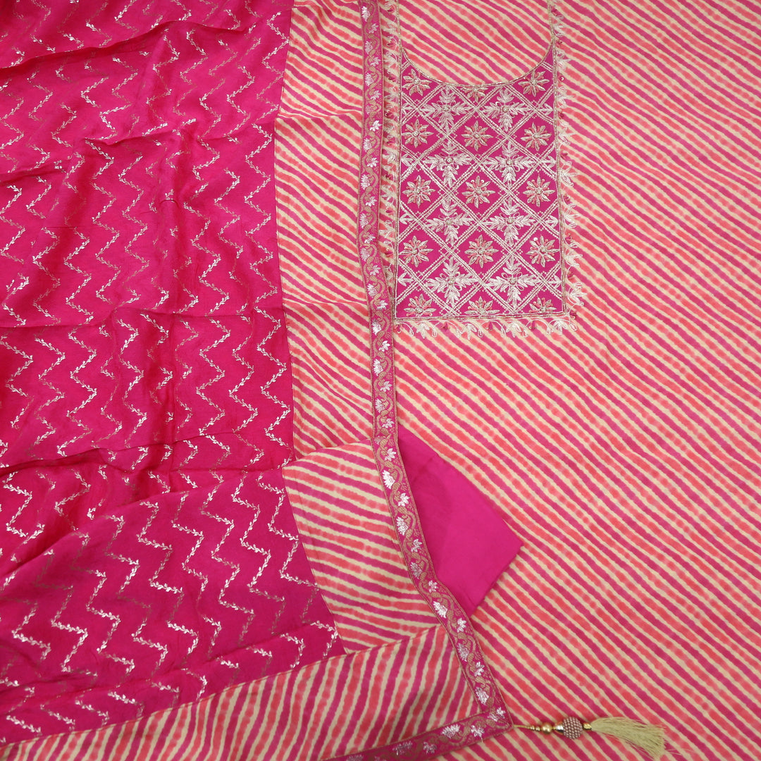 Leher Hot Pink Leheriya Embellished Neck Work Modal Top With Modal Silk Dupatta Set