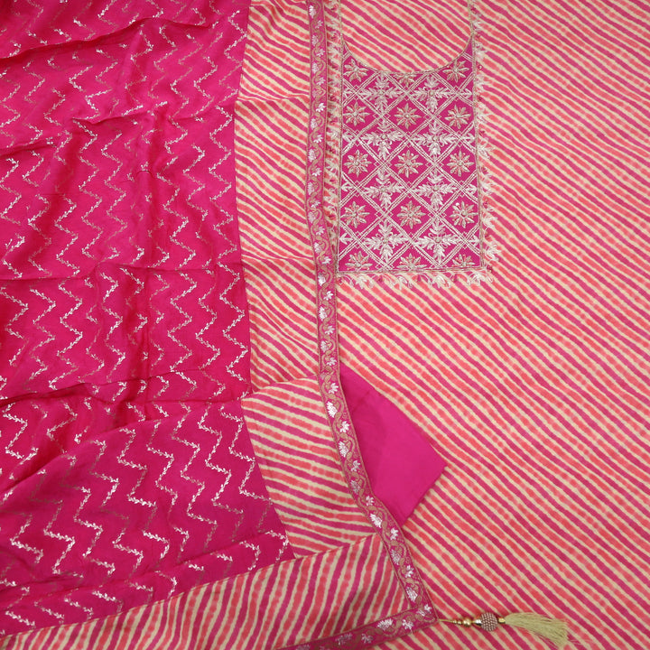 Leher Hot Pink Leheriya Embellished Neck Work Modal Top With Modal Silk Dupatta Set