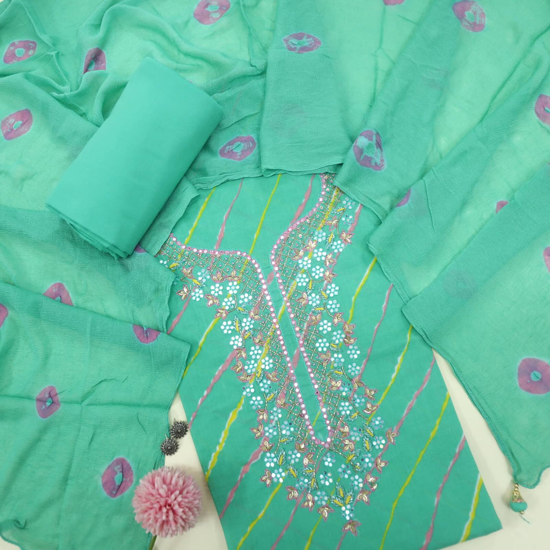 Leher Seafoam Green Embellished Neck Work Cotton Top With Chiffon Dupatta Set