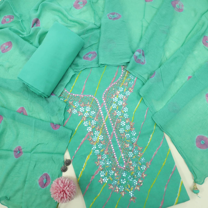 Leher Seafoam Green Embellished Neck Work Cotton Top With Chiffon Dupatta Set