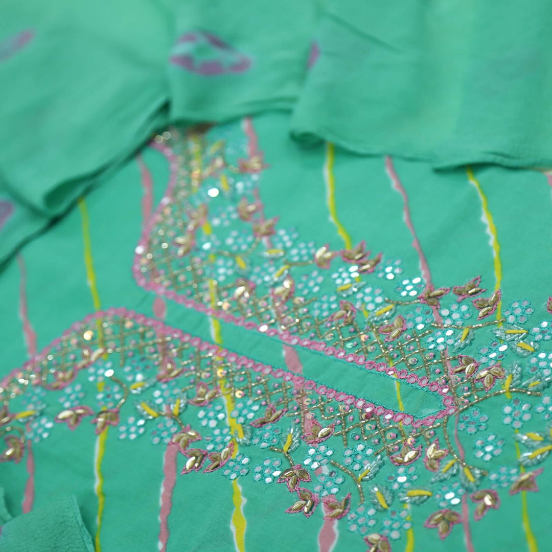 Leher Seafoam Green Embellished Neck Work Cotton Top With Chiffon Dupatta Set