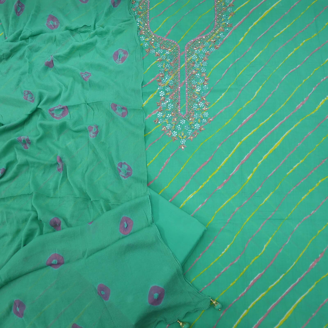 Leher Seafoam Green Embellished Neck Work Cotton Top With Chiffon Dupatta Set