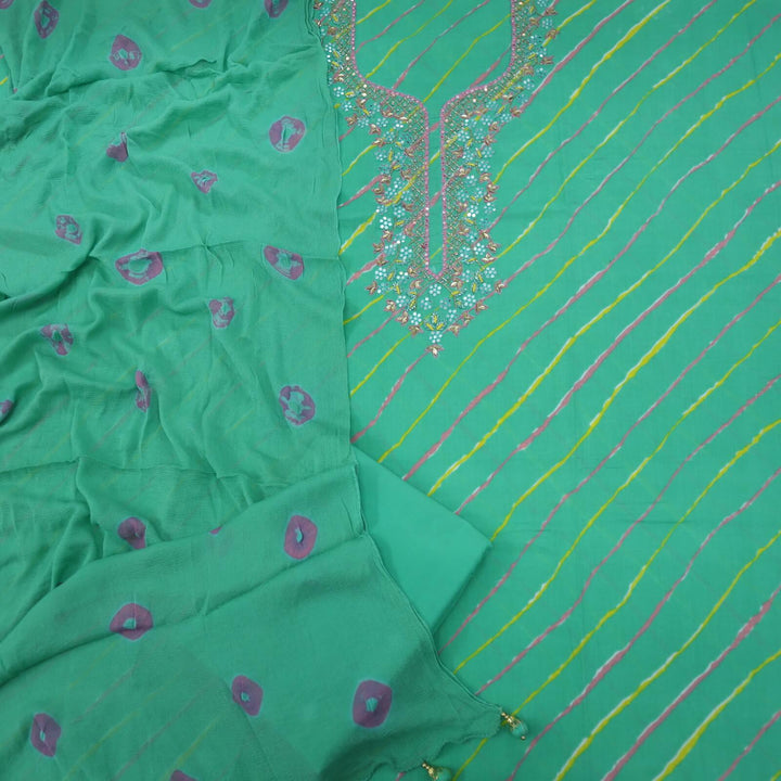 Leher Seafoam Green Embellished Neck Work Cotton Top With Chiffon Dupatta Set