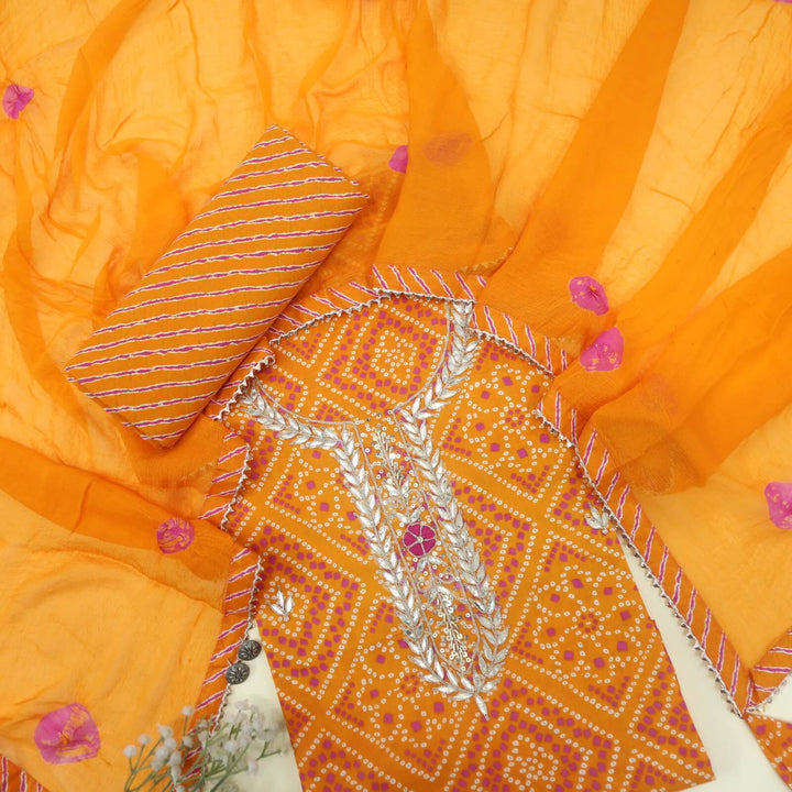 Bandegi Royal Orange Embroidered Bandhani Printed Cotton Top with Bandhej Print Chiffon Dupatta Set