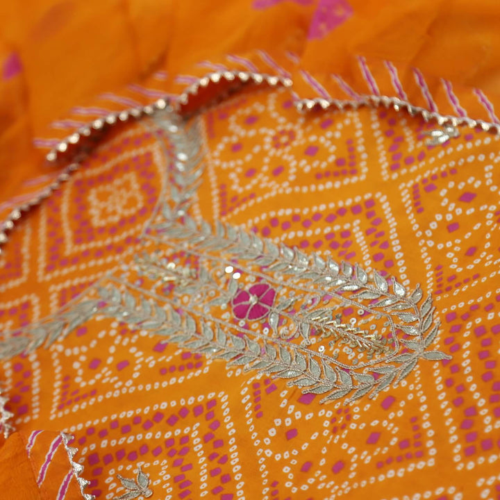 Bandegi Royal Orange Embroidered Bandhani Printed Cotton Top with Bandhej Print Chiffon Dupatta Set