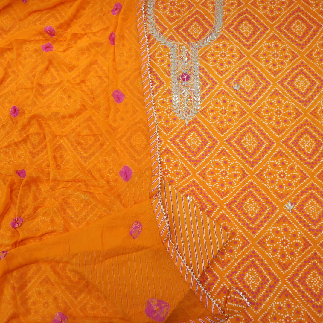 Bandegi Royal Orange Embroidered Bandhani Printed Cotton Top with Bandhej Print Chiffon Dupatta Set