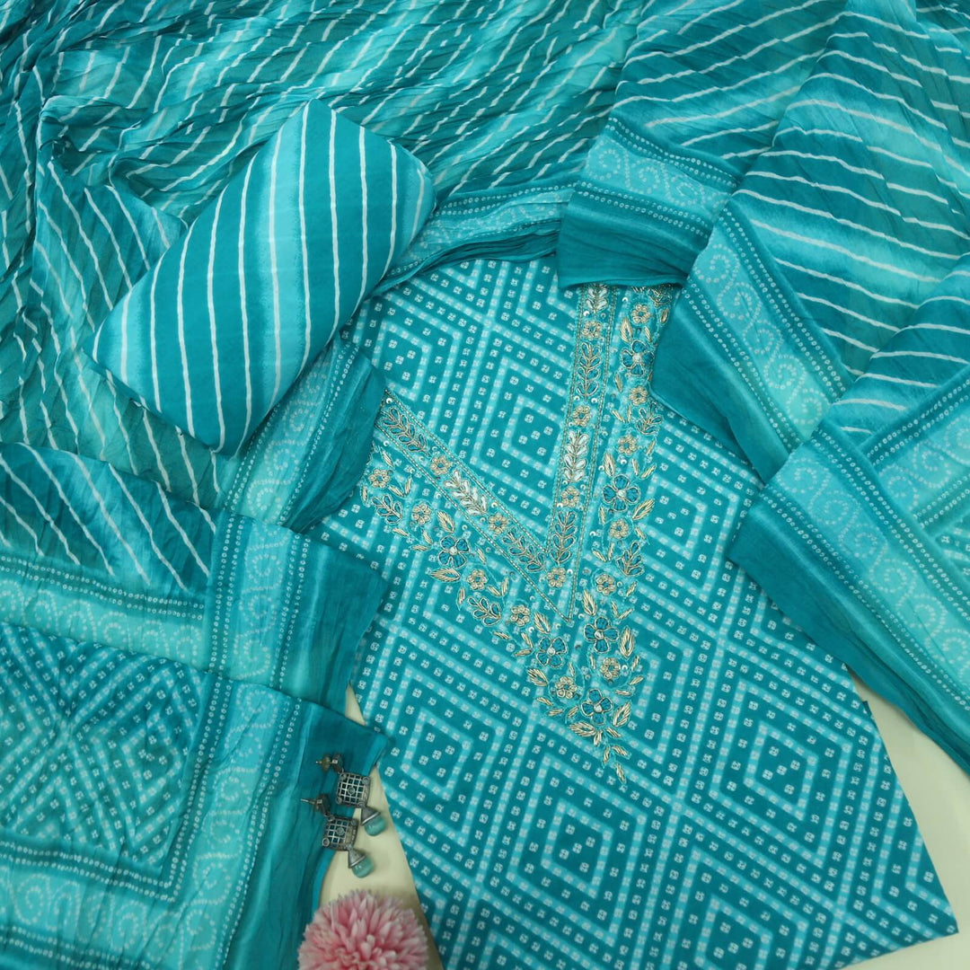 Bandegi Cyan Blue Embellished V Neck Bandhani Printed Cotton Top with Cotton Dupatta Set
