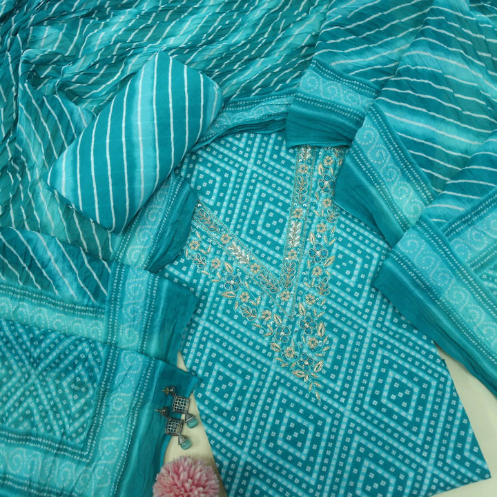 Bandegi Cyan Blue Embellished V Neck Bandhani Printed Cotton Top with Cotton Dupatta Set