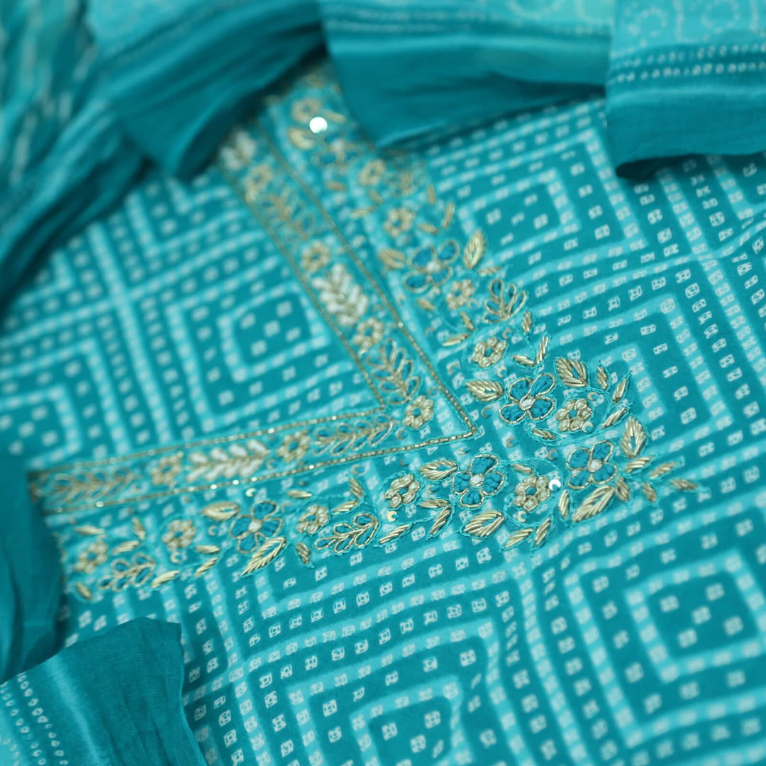 Bandegi Cyan Blue Embellished V Neck Bandhani Printed Cotton Top with Cotton Dupatta Set