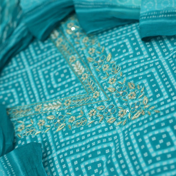 Bandegi Cyan Blue Embellished V Neck Bandhani Printed Cotton Top with Cotton Dupatta Set