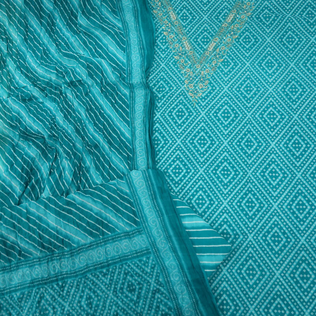 Bandegi Cyan Blue Embellished V Neck Bandhani Printed Cotton Top with Cotton Dupatta Set