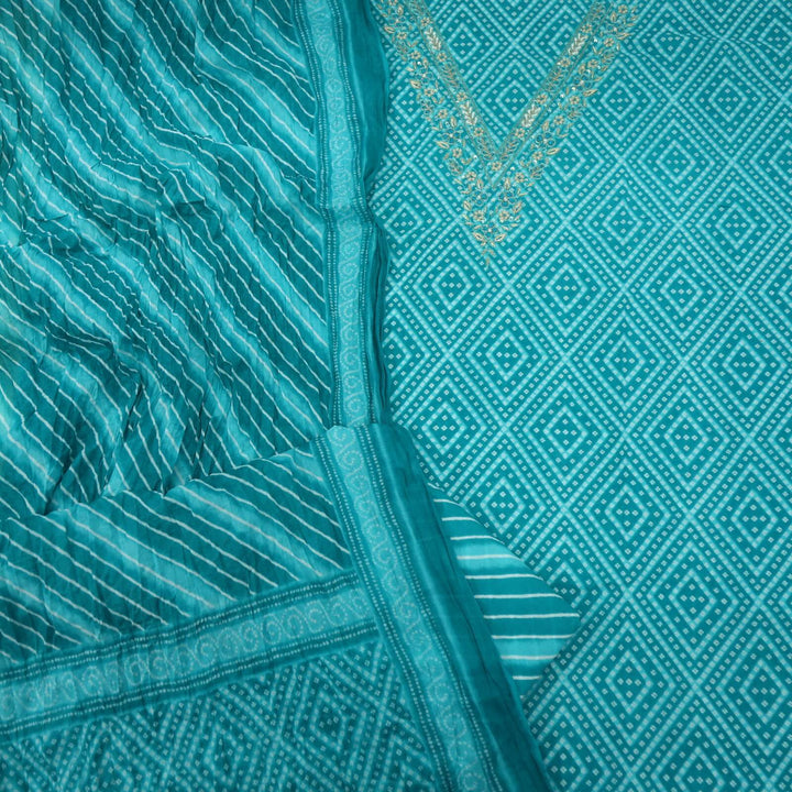 Bandegi Cyan Blue Embellished V Neck Bandhani Printed Cotton Top with Cotton Dupatta Set