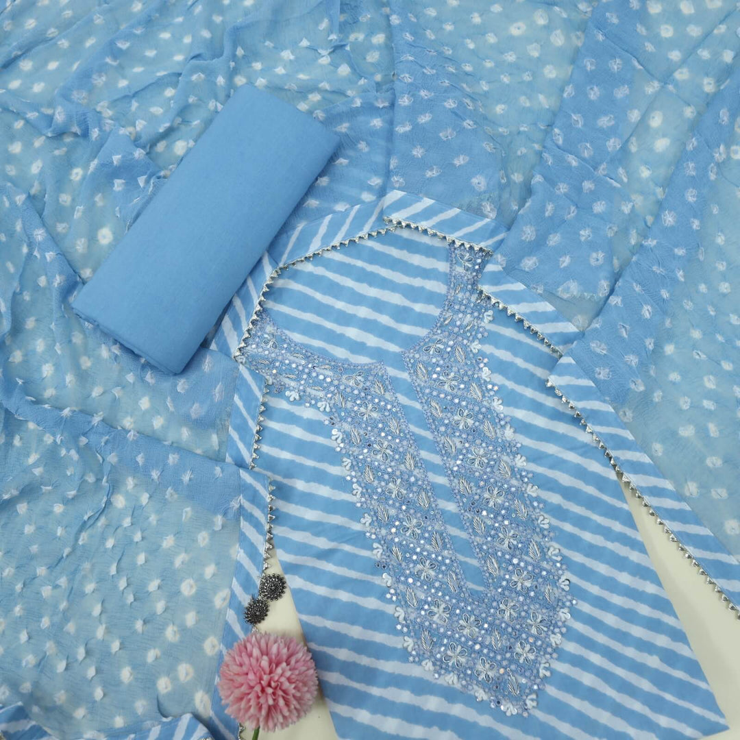 Leher Baby Blue Embellished Neck Work Leheriya Cotton Top With Bandhej Work Chiffon Dupatta Set
