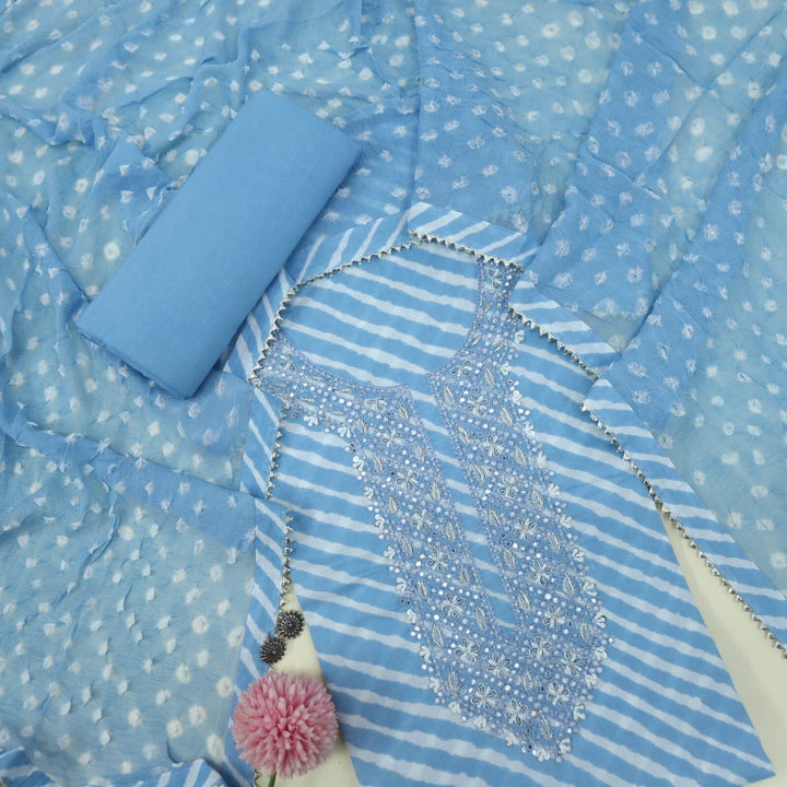 Leher Baby Blue Embellished Neck Work Leheriya Cotton Top With Bandhej Work Chiffon Dupatta Set