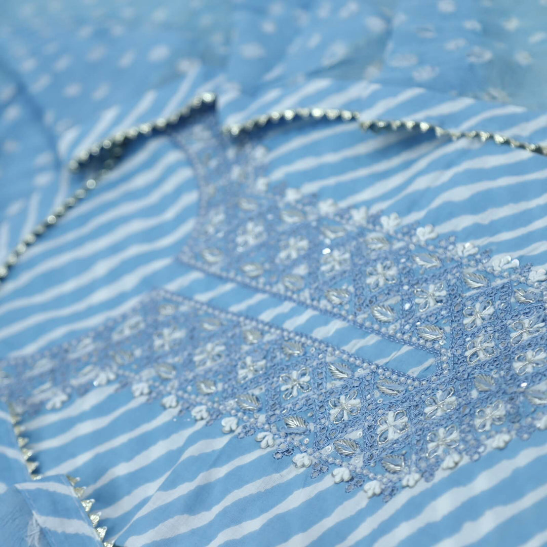 Leher Baby Blue Embellished Neck Work Leheriya Cotton Top With Bandhej Work Chiffon Dupatta Set