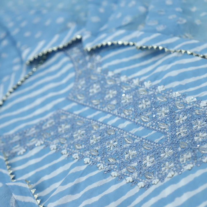 Leher Baby Blue Embellished Neck Work Leheriya Cotton Top With Bandhej Work Chiffon Dupatta Set