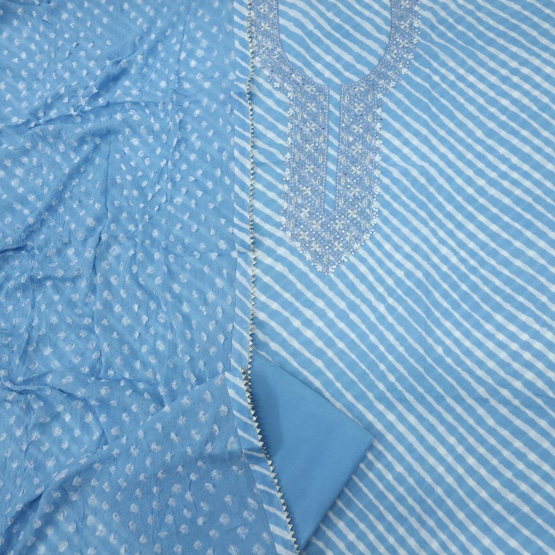 Leher Baby Blue Embellished Neck Work Leheriya Cotton Top With Bandhej Work Chiffon Dupatta Set
