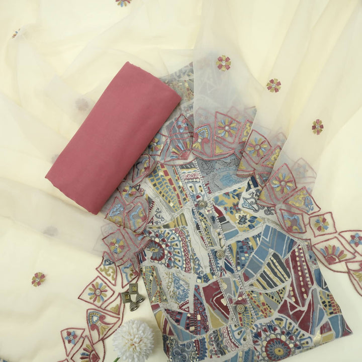 Bandegi Multicolor Printed Modal Top with Thread Work Organza Dupatta Set