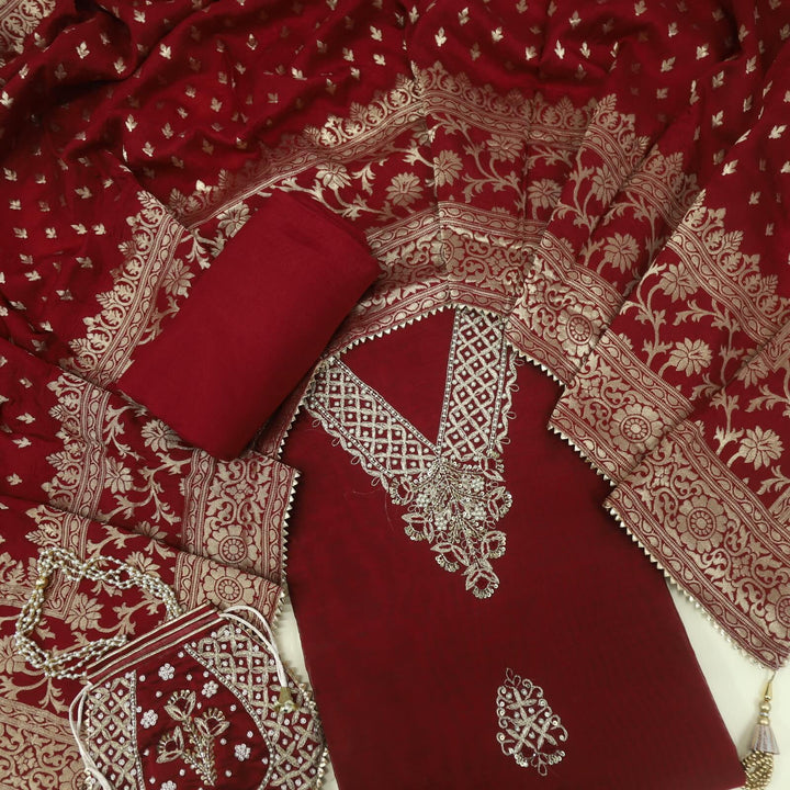 Bandegi Wine Red Designer V Neck Chanderi Top and Banarasi Dupatta Set With Potli Bag