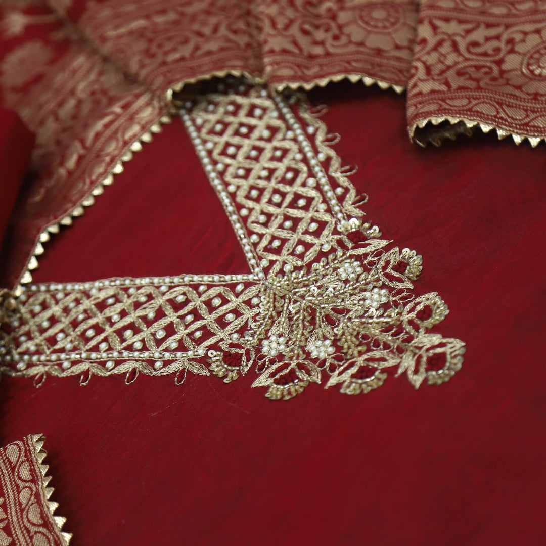 Bandegi Wine Red Designer V Neck Chanderi Top and Banarasi Dupatta Set With Potli Bag