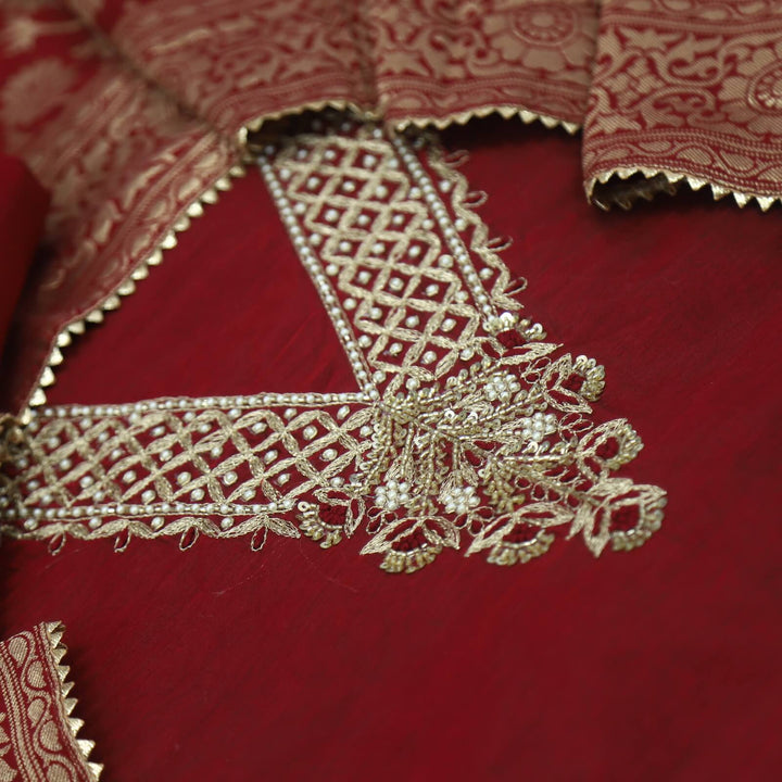 Bandegi Wine Red Designer V Neck Chanderi Top and Banarasi Dupatta Set With Potli Bag