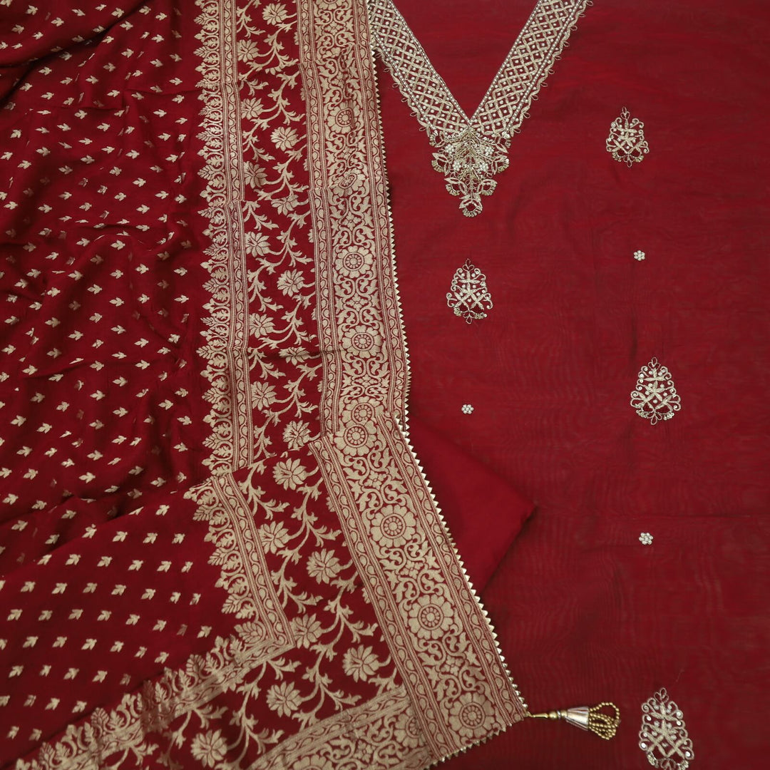 Bandegi Wine Red Designer V Neck Chanderi Top and Banarasi Dupatta Set With Potli Bag