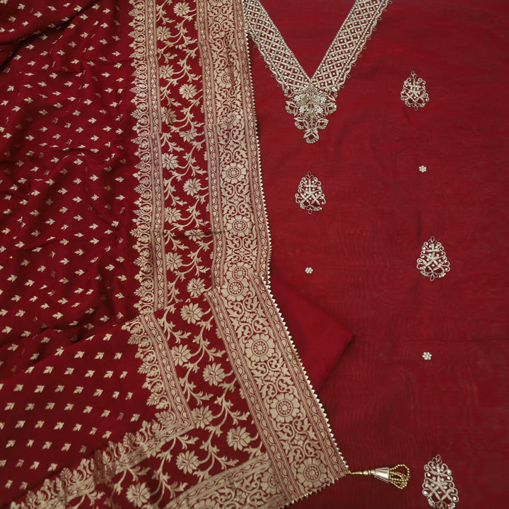 Bandegi Wine Red Designer V Neck Chanderi Top and Banarasi Dupatta Set With Potli Bag