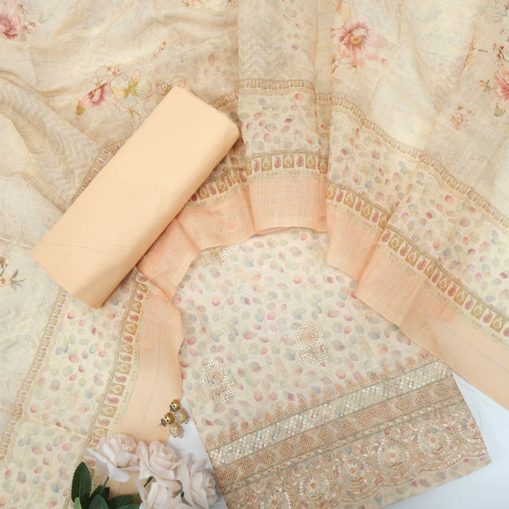 Nigahen Mellow Orange Printed Cotton Linen Top with Printed Cotton Linen Dupatta Set
